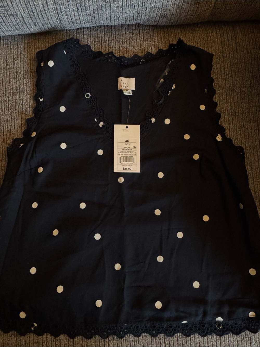 Polka Dot Lace-Trim Black Tank Top - XS